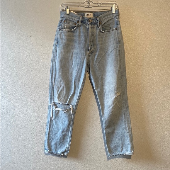 AGOLDE Riley Light Wash Distressed High Rise Straight Cropped Jeans - Picture 3 of 9